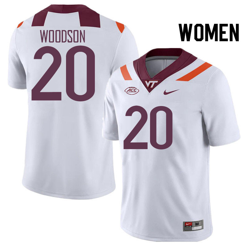 Women #20 Caleb Woodson Virginia Tech Hokies College Football Jerseys Stitched Sale-White - Click Image to Close